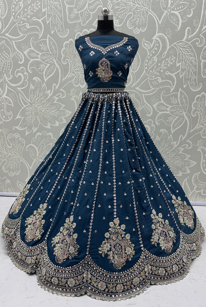 Midnight Teal Cadbury Silk Lehenga Choli with Intricate Boota Embroidery & Scalloped Border
