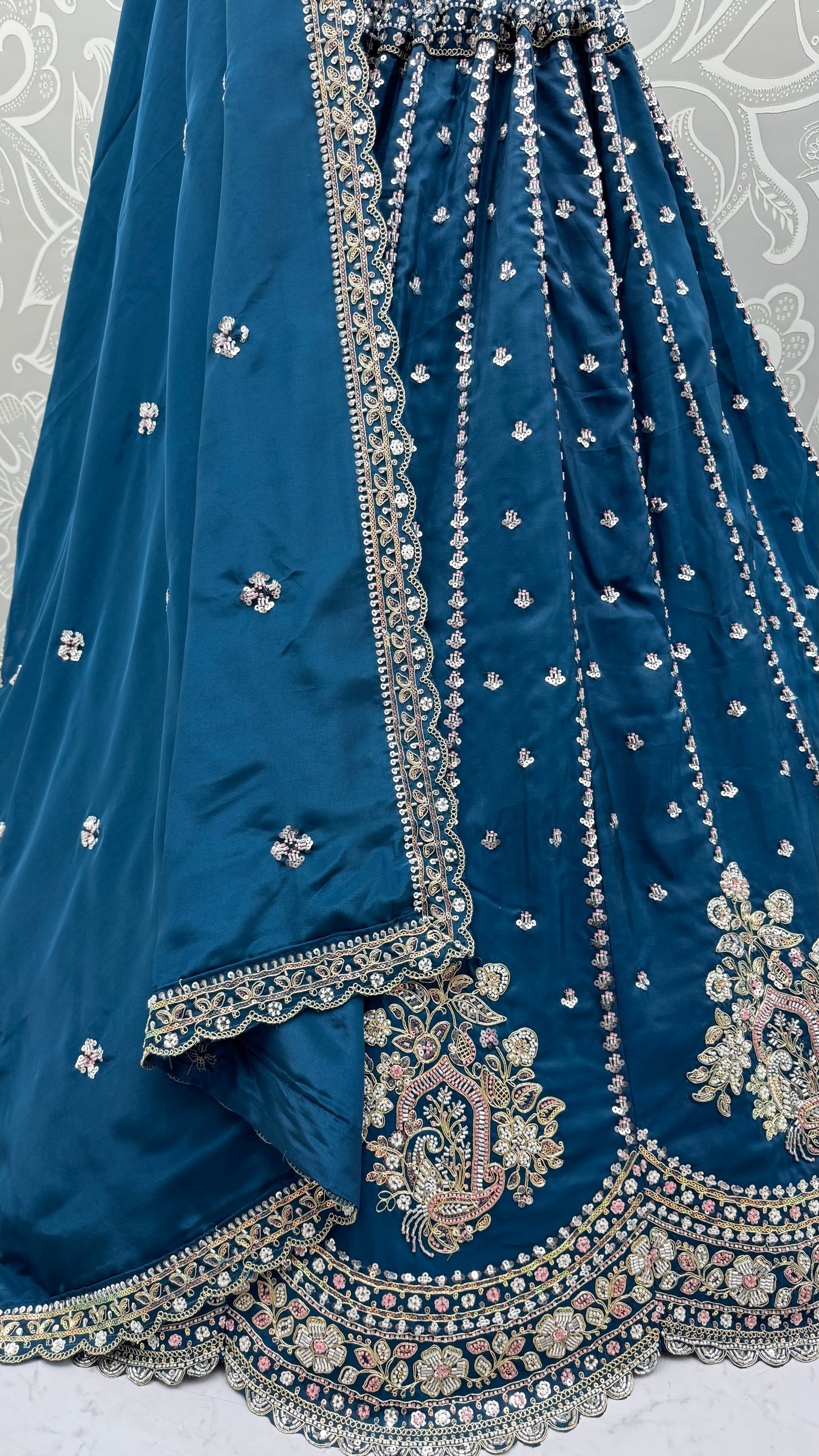 Midnight Teal Cadbury Silk Lehenga Choli with Intricate Boota Embroidery & Scalloped Border