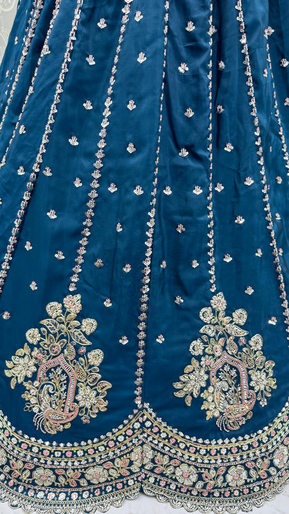 Midnight Teal Cadbury Silk Lehenga Choli with Intricate Boota Embroidery & Scalloped Border