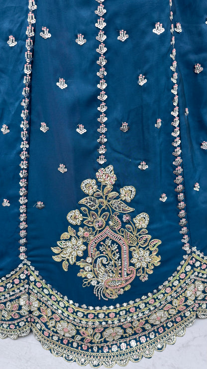 Midnight Teal Cadbury Silk Lehenga Choli with Intricate Boota Embroidery & Scalloped Border