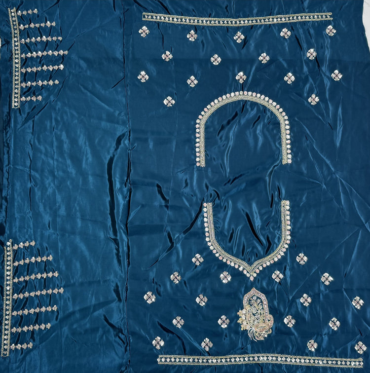 Midnight Teal Cadbury Silk Lehenga Choli with Intricate Boota Embroidery & Scalloped Border