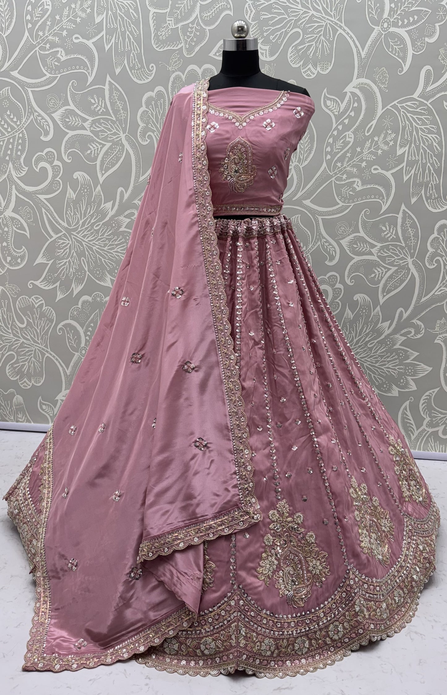Dusty Rose Pink Cadbury Silk Lehenga Choli with Intricate Boota Embroidery & Scalloped Border