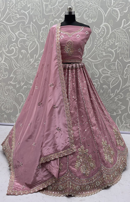 Dusty Rose Pink Cadbury Silk Lehenga Choli with Intricate Boota Embroidery & Scalloped Border