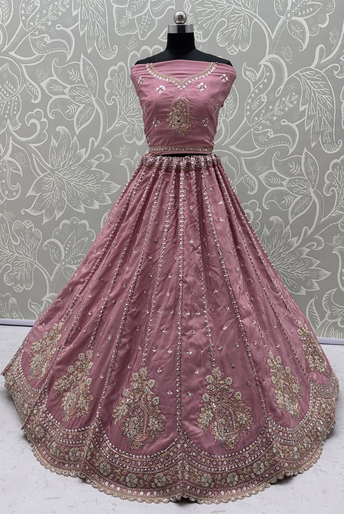 Dusty Rose Pink Cadbury Silk Lehenga Choli with Intricate Boota Embroidery & Scalloped Border