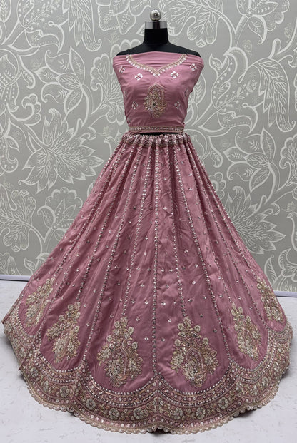 Dusty Rose Pink Cadbury Silk Lehenga Choli with Intricate Boota Embroidery & Scalloped Border