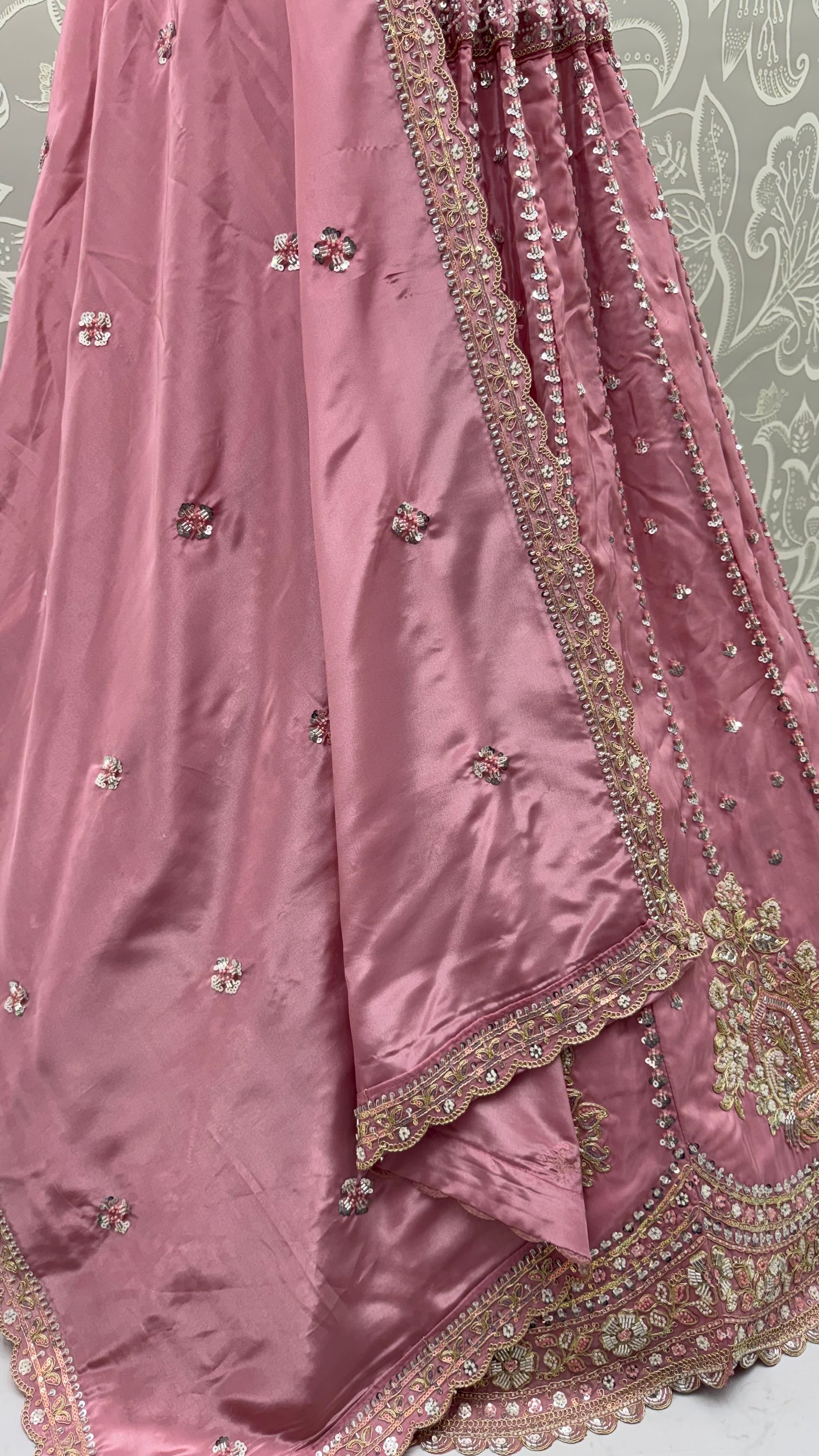 Dusty Rose Pink Cadbury Silk Lehenga Choli with Intricate Boota Embroidery & Scalloped Border
