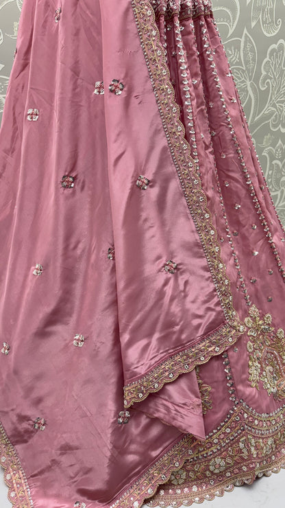 Dusty Rose Pink Cadbury Silk Lehenga Choli with Intricate Boota Embroidery & Scalloped Border