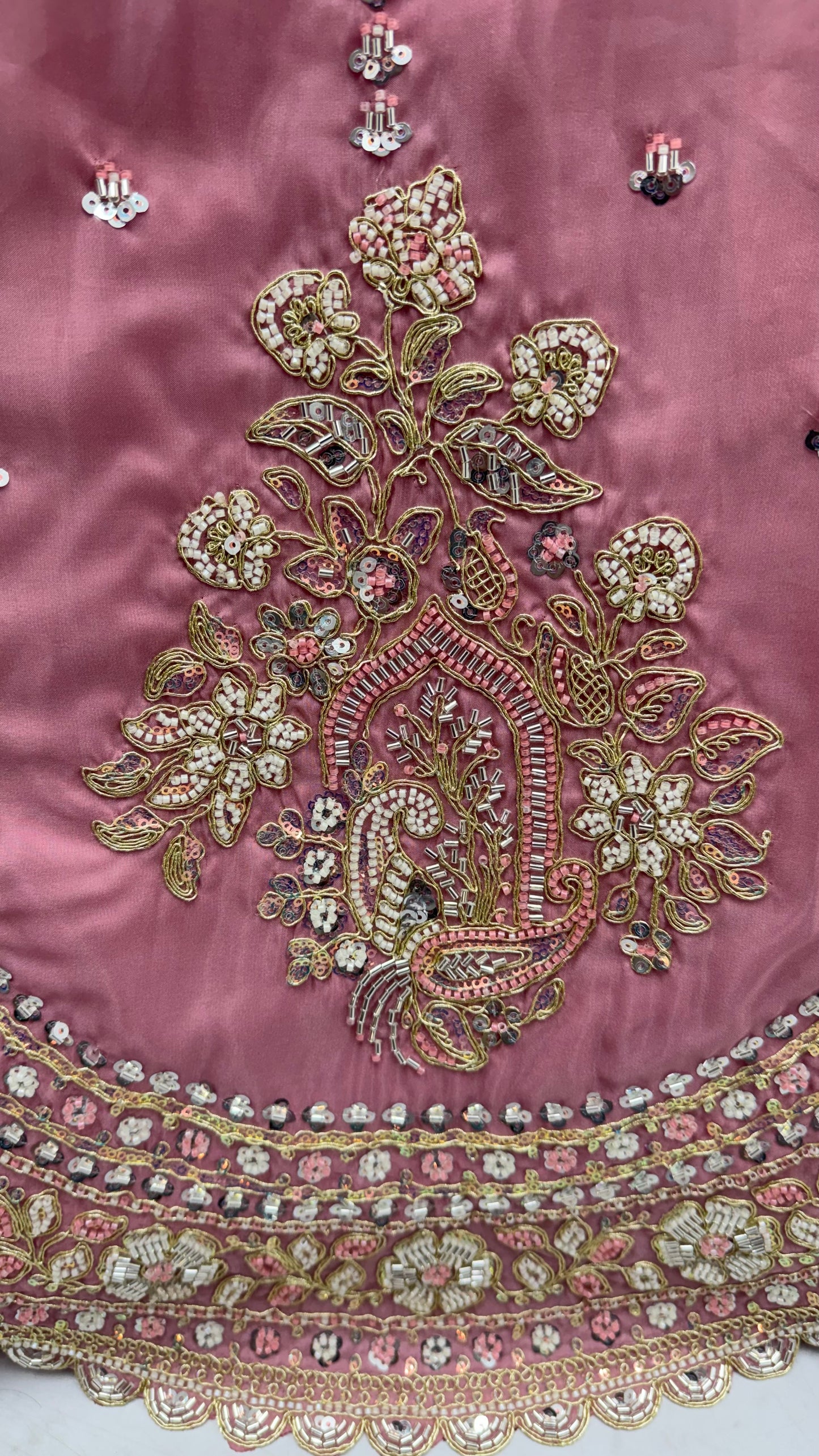Dusty Rose Pink Cadbury Silk Lehenga Choli with Intricate Boota Embroidery & Scalloped Border