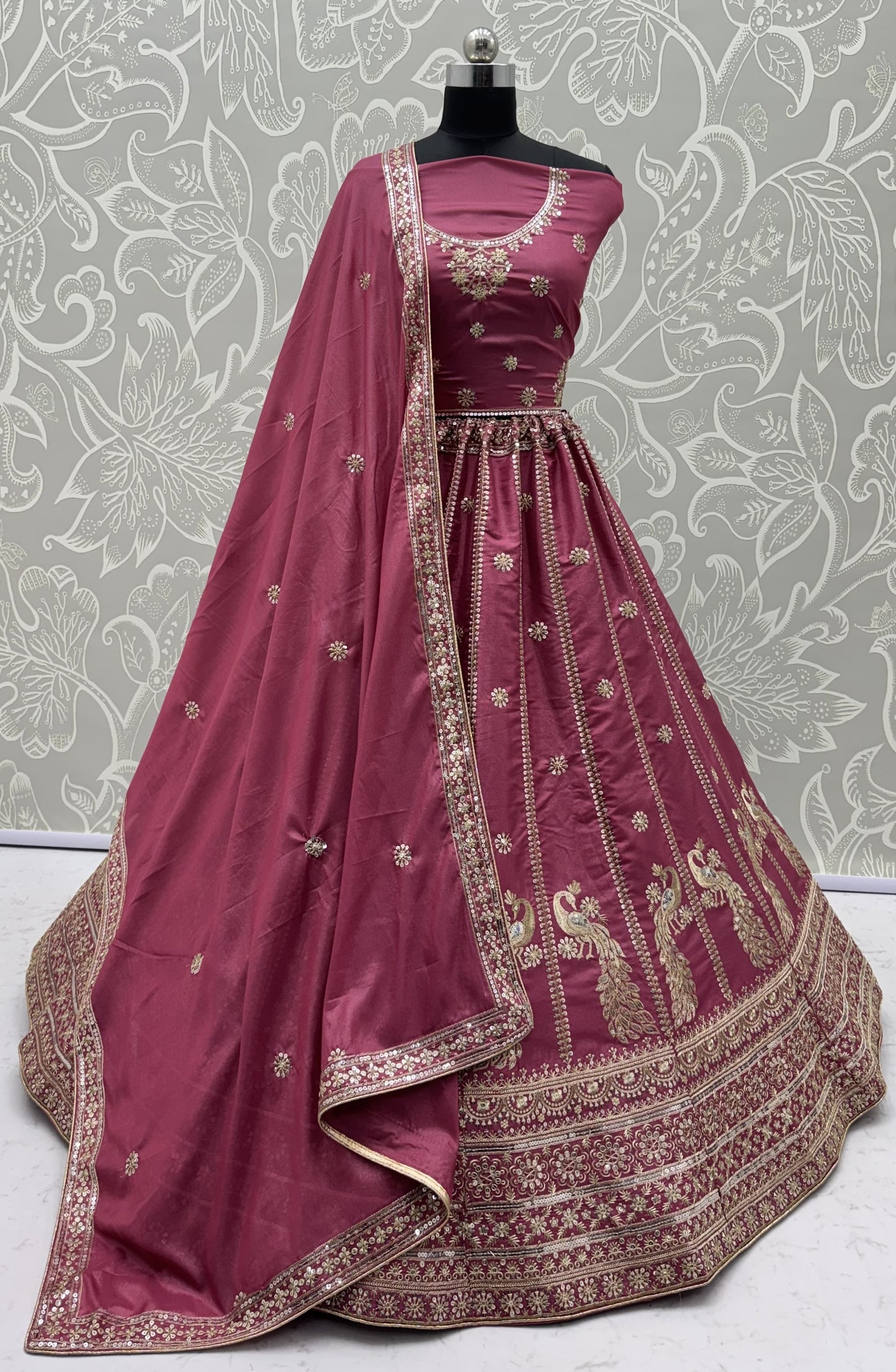 Royal Peacock Embroidered Wine Pink Silk Lehenga Choli with Dupatta | Bridal & Wedding Wear