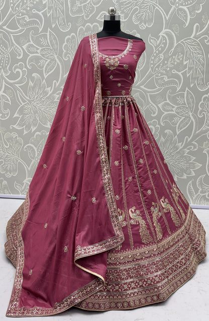 Royal Peacock Embroidered Wine Pink Silk Lehenga Choli with Dupatta | Bridal & Wedding Wear