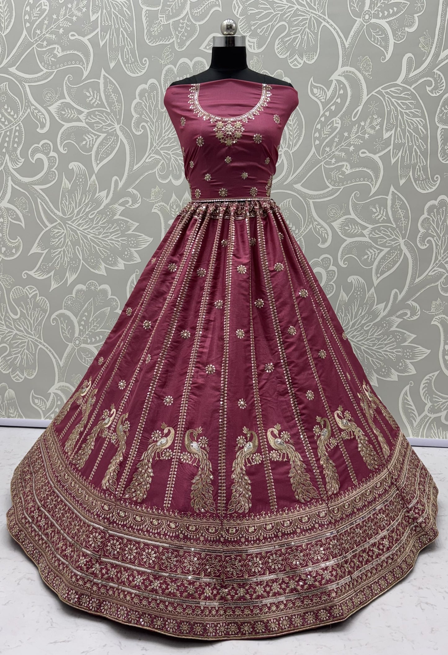 Royal Peacock Embroidered Wine Pink Silk Lehenga Choli with Dupatta | Bridal & Wedding Wear