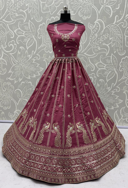 Royal Peacock Embroidered Wine Pink Silk Lehenga Choli with Dupatta | Bridal & Wedding Wear