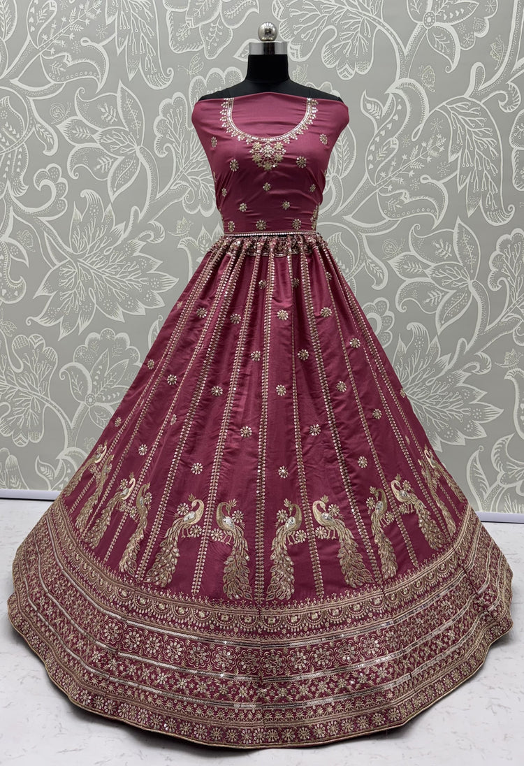 Royal Peacock Embroidered Wine Pink Silk Lehenga Choli with Dupatta | Bridal & Wedding Wear