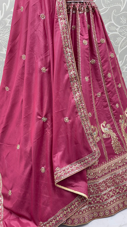 Royal Peacock Embroidered Wine Pink Silk Lehenga Choli with Dupatta | Bridal & Wedding Wear