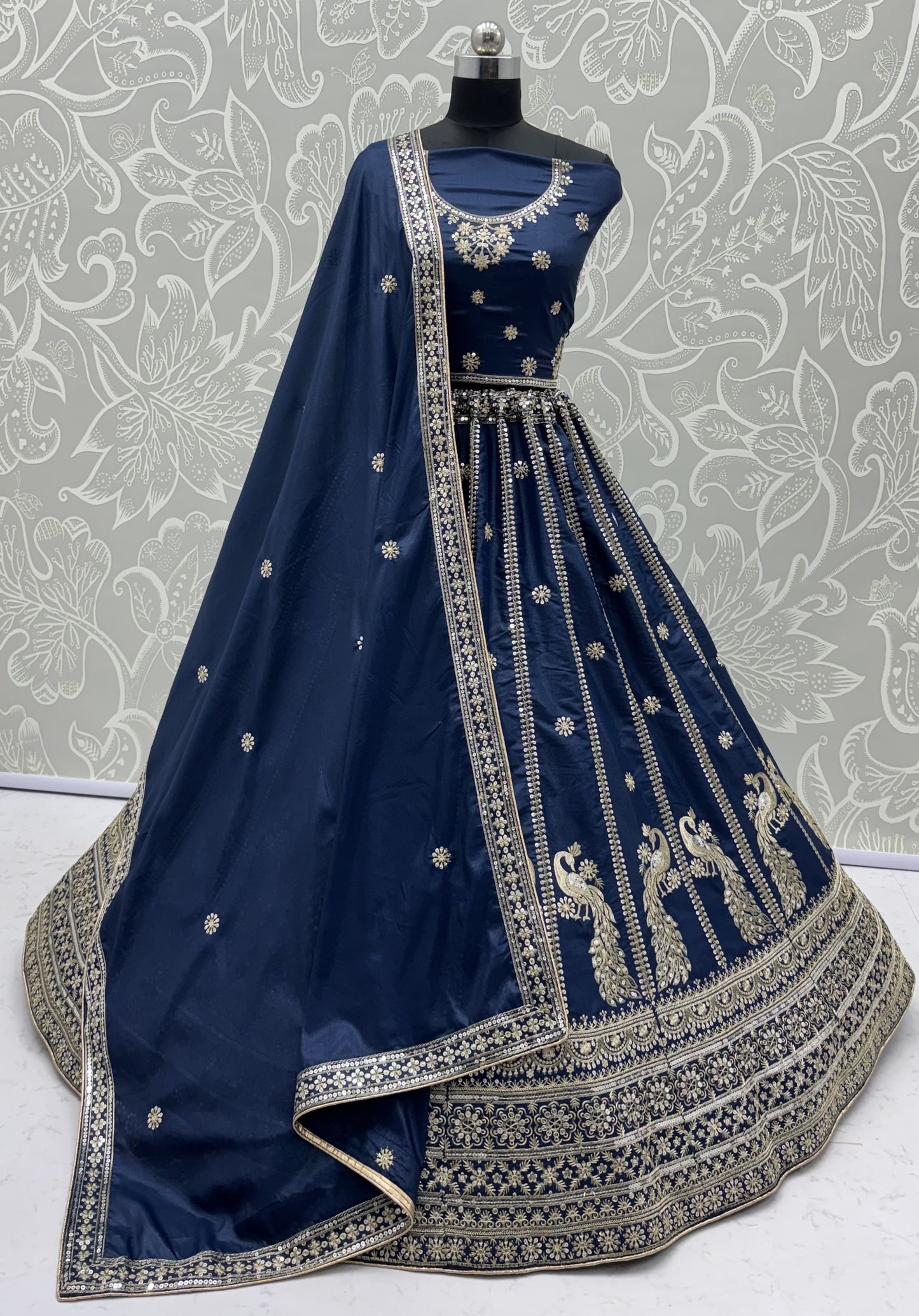 Royal Navy Blue Peacock Embroidered Silk Lehenga Choli with Soft Net Dupatta