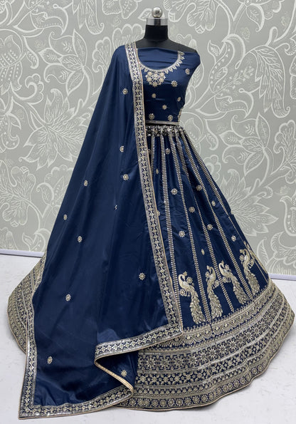 Royal Navy Blue Peacock Embroidered Silk Lehenga Choli with Soft Net Dupatta