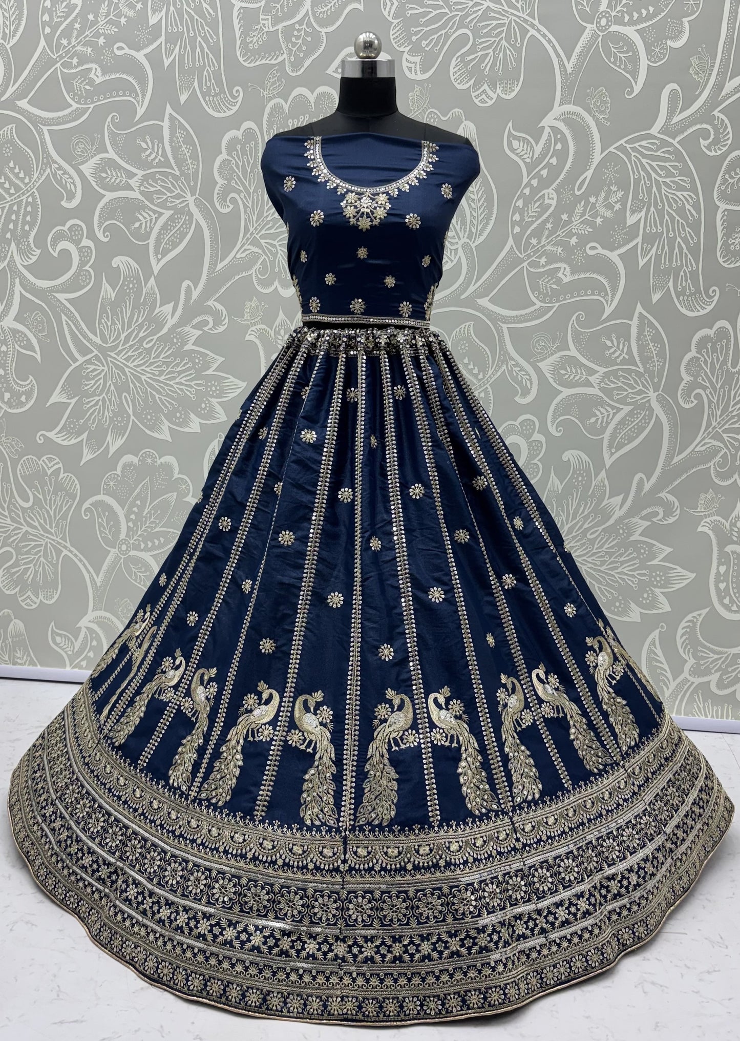 Royal Navy Blue Peacock Embroidered Silk Lehenga Choli with Soft Net Dupatta