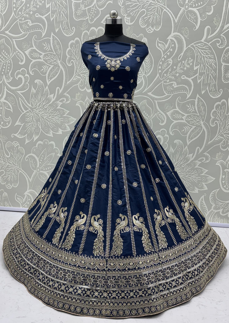 Royal Navy Blue Peacock Embroidered Silk Lehenga Choli with Soft Net Dupatta