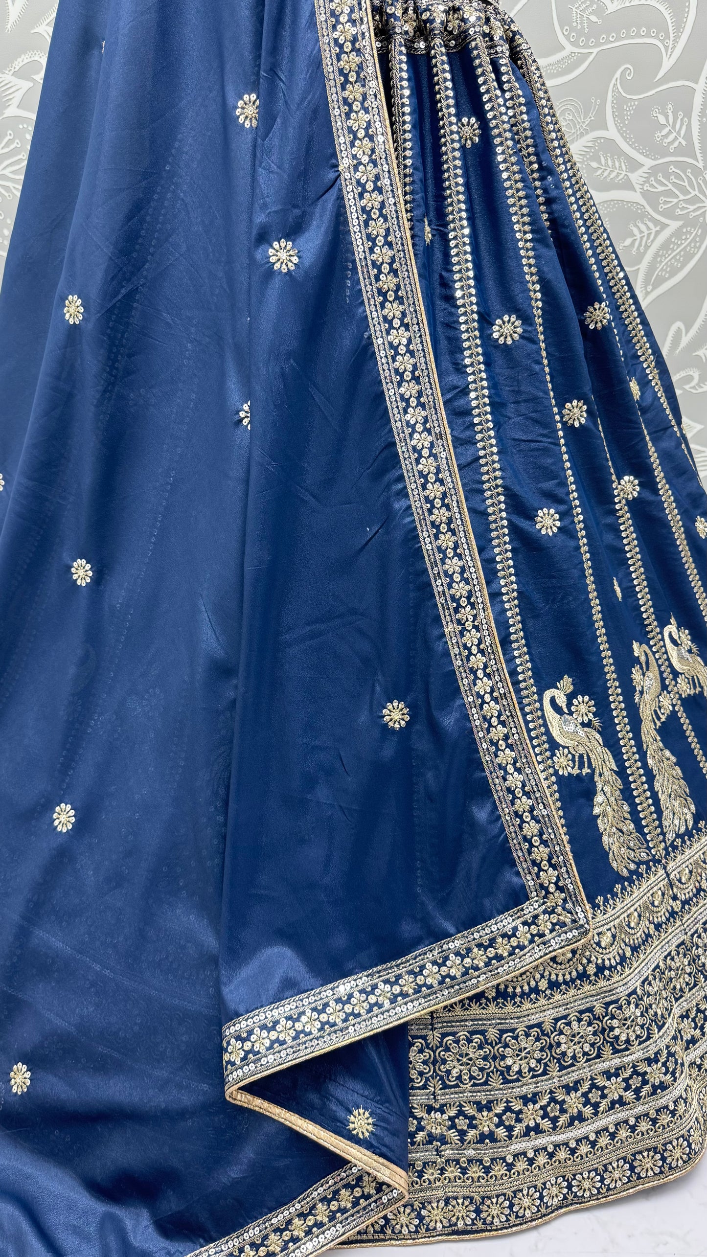 Royal Navy Blue Peacock Embroidered Silk Lehenga Choli with Soft Net Dupatta