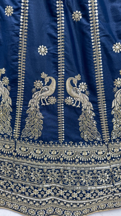 Royal Navy Blue Peacock Embroidered Silk Lehenga Choli with Soft Net Dupatta