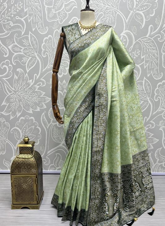 Pista Smooth Jecquard silk weaving in different Zari silk Saree with blouse