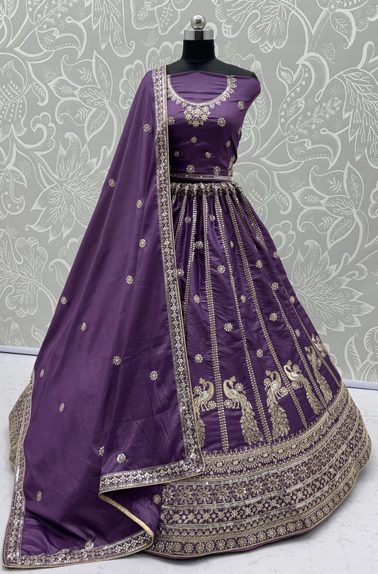 Royal Purple Peacock Embroidered Silk Lehenga Choli with Soft Net Dupatta