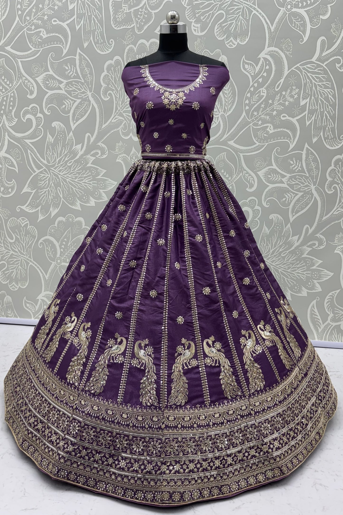 Royal Purple Peacock Embroidered Silk Lehenga Choli with Soft Net Dupatta