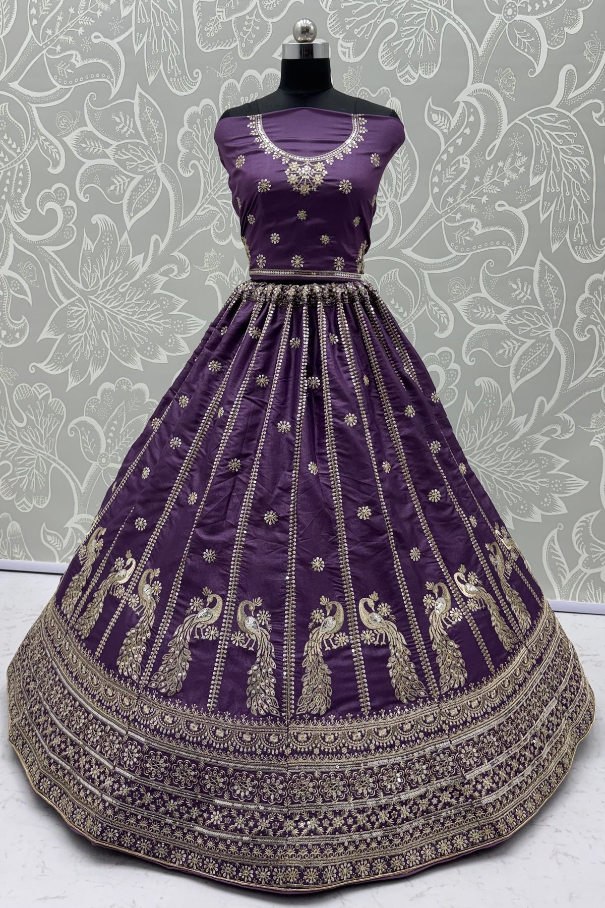 Royal Purple Peacock Embroidered Silk Lehenga Choli with Soft Net Dupatta