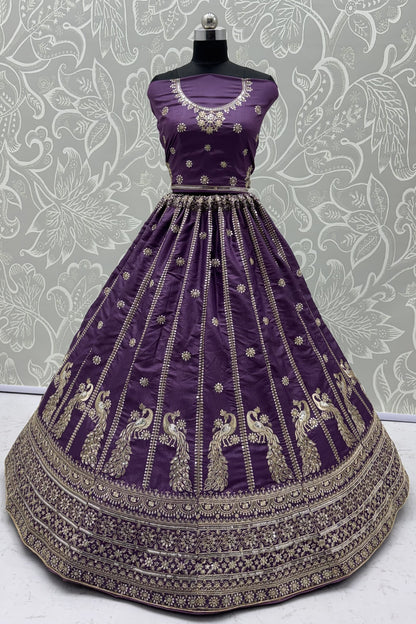 Royal Purple Peacock Embroidered Silk Lehenga Choli with Soft Net Dupatta