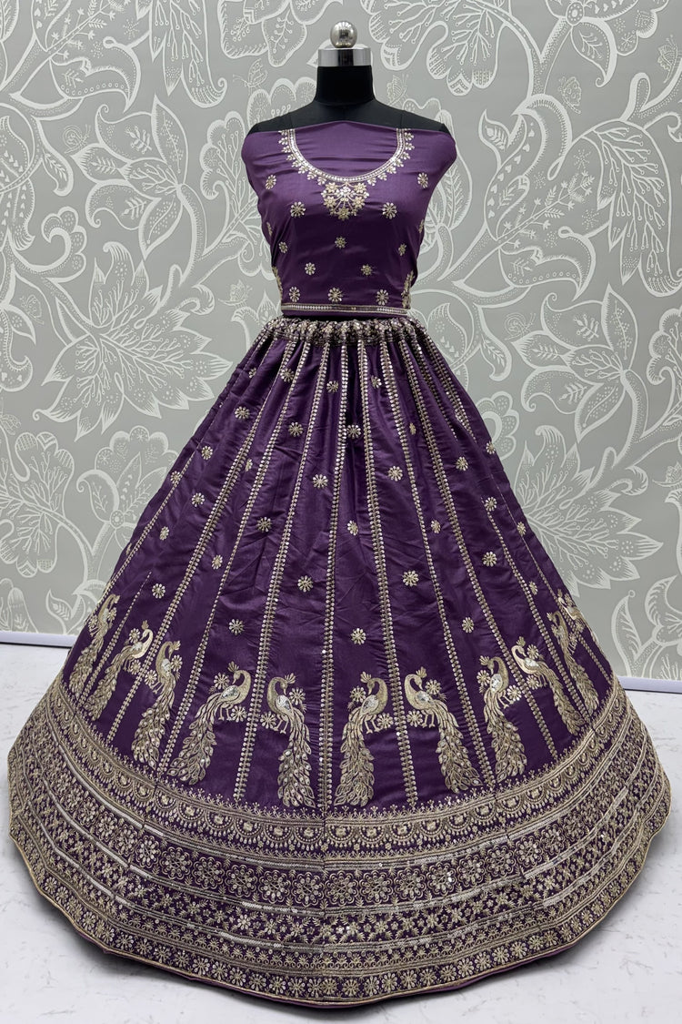 Royal Purple Peacock Embroidered Silk Lehenga Choli with Soft Net Dupatta
