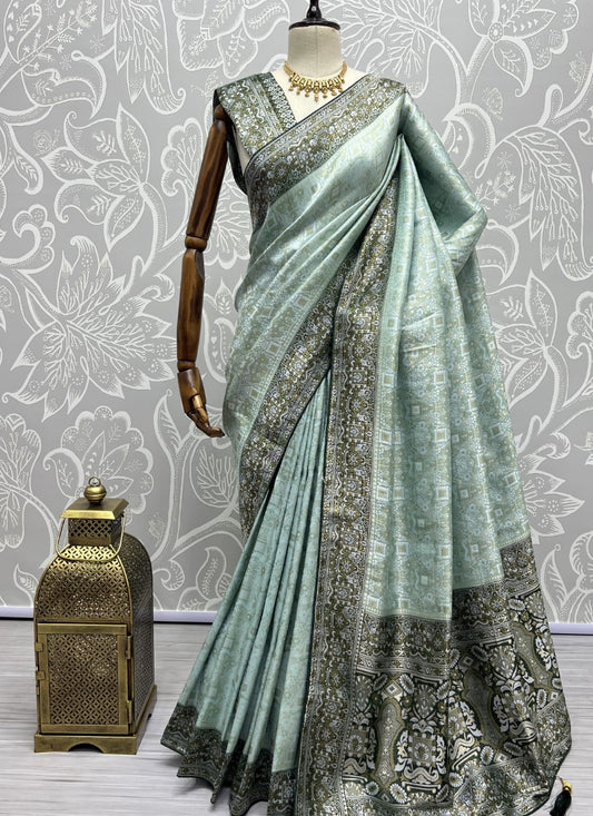 Lite Aqua Smooth Jecquard silk weaving in different Zari silk Saree with blouse