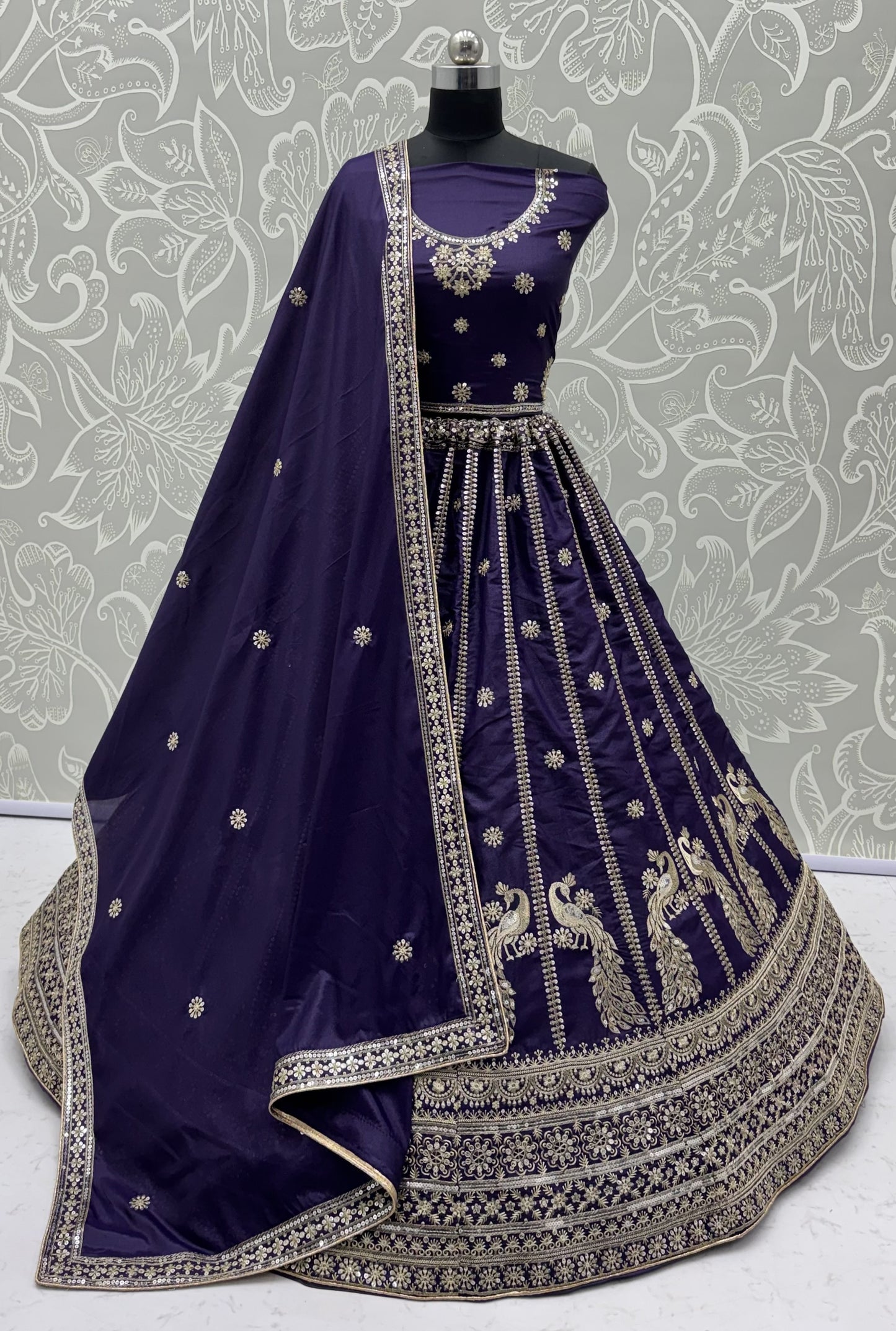 Royal Indigo Peacock Embroidered Silk Lehenga Choli with Soft Net Dupatta