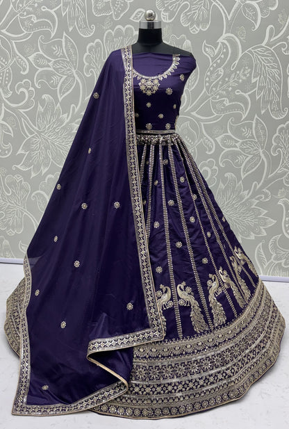 Royal Indigo Peacock Embroidered Silk Lehenga Choli with Soft Net Dupatta