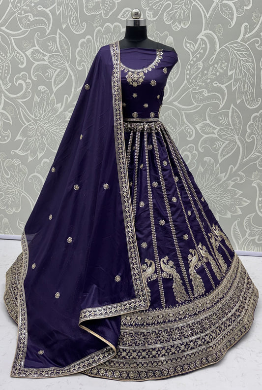 Royal Indigo Peacock Embroidered Silk Lehenga Choli with Soft Net Dupatta