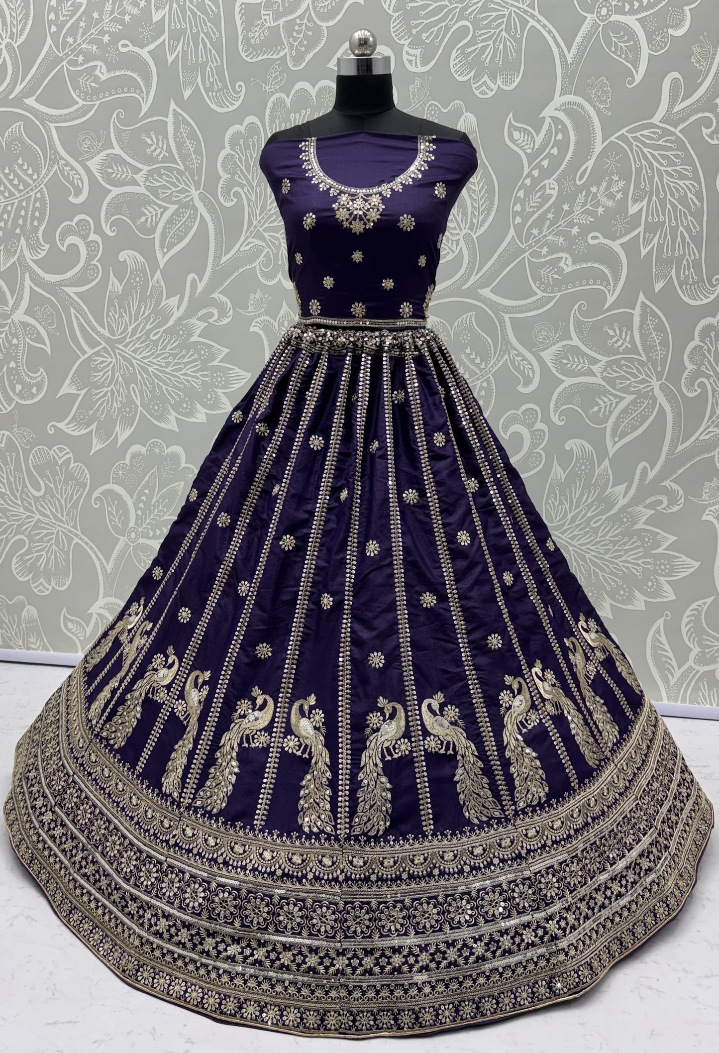 Royal Indigo Peacock Embroidered Silk Lehenga Choli with Soft Net Dupatta