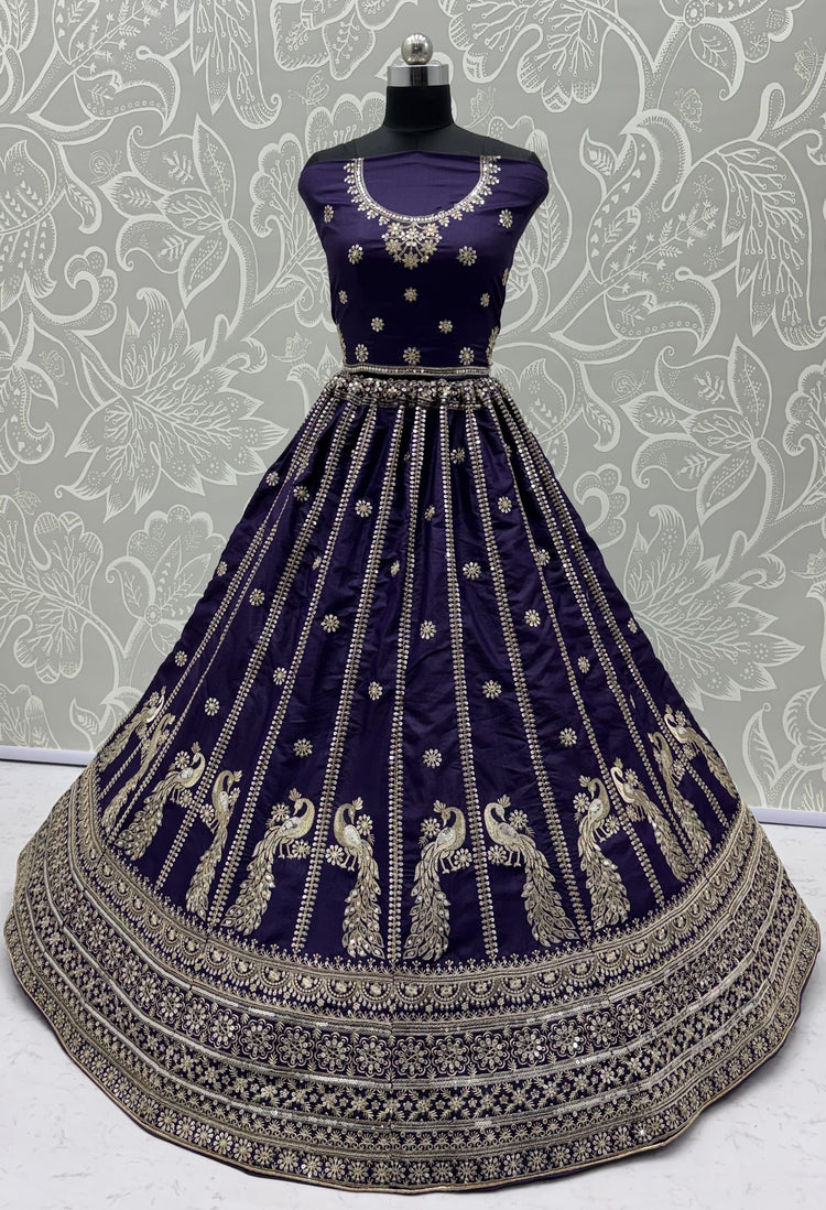 Royal Indigo Peacock Embroidered Silk Lehenga Choli with Soft Net Dupatta