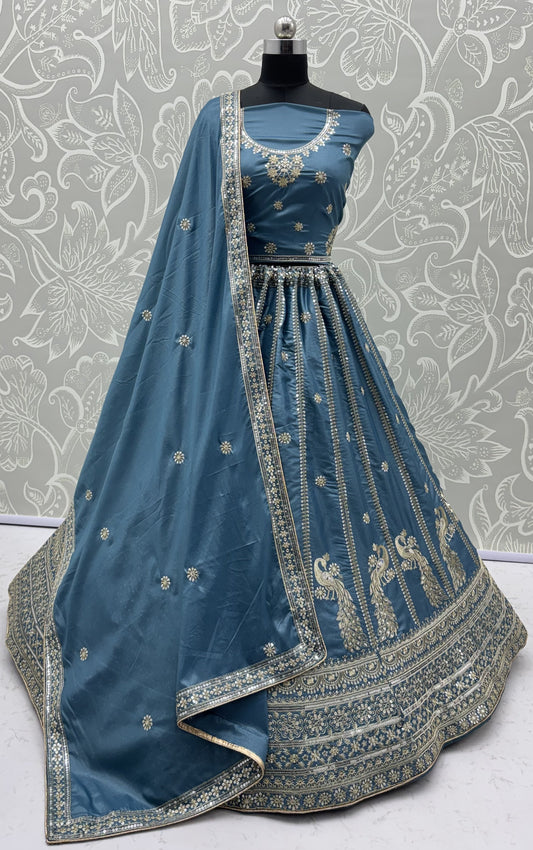 Dusty Blue Peacock Embroidered Silk Lehenga Choli with Soft Net Dupatta