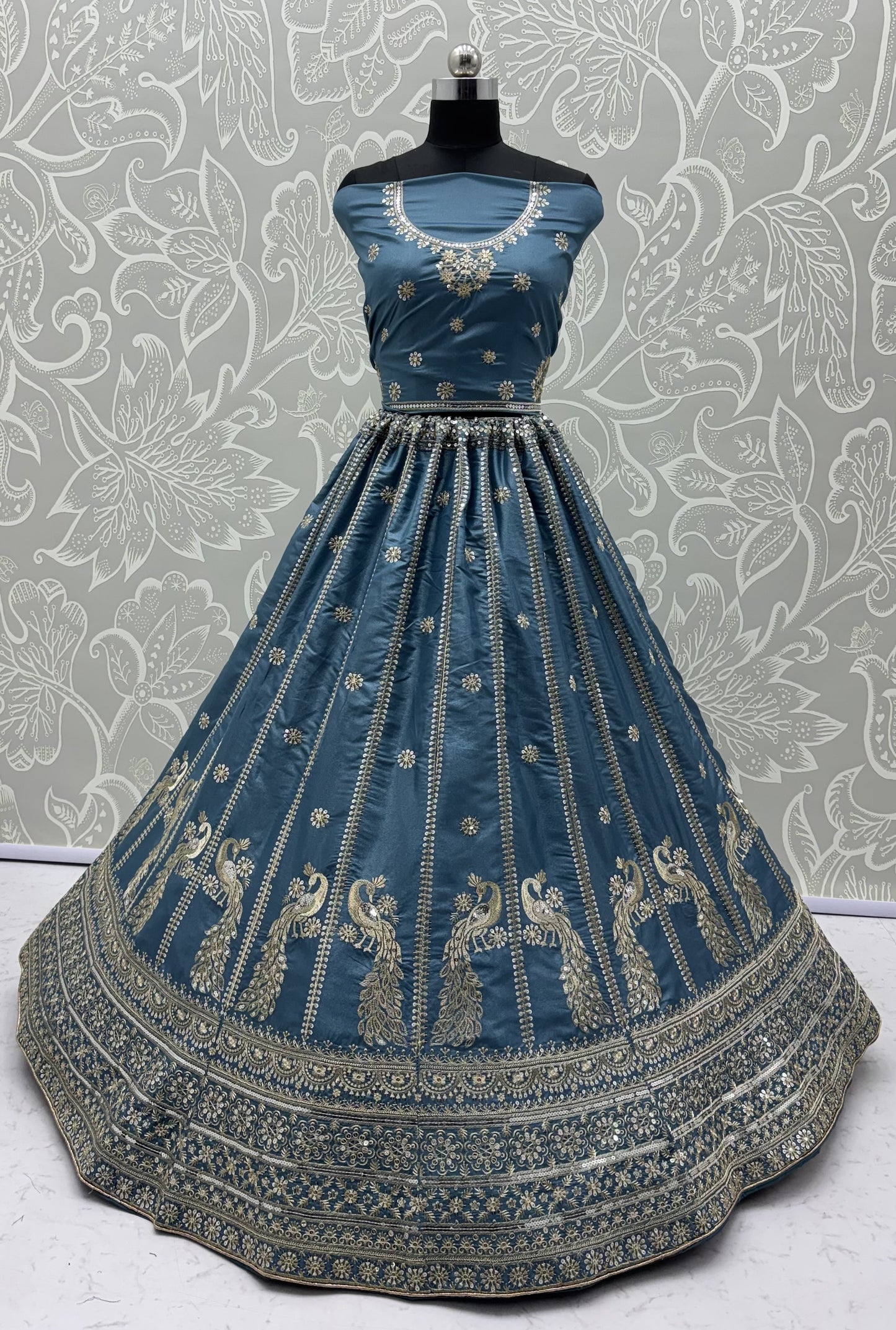 Dusty Blue Peacock Embroidered Silk Lehenga Choli with Soft Net Dupatta