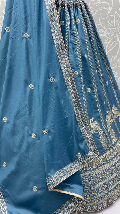 Dusty Blue Peacock Embroidered Silk Lehenga Choli with Soft Net Dupatta