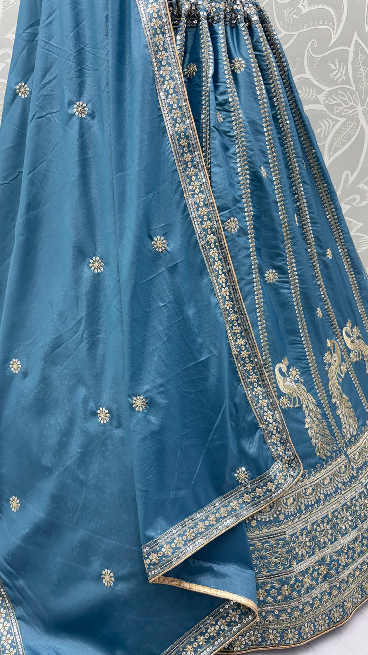 Dusty Blue Peacock Embroidered Silk Lehenga Choli with Soft Net Dupatta