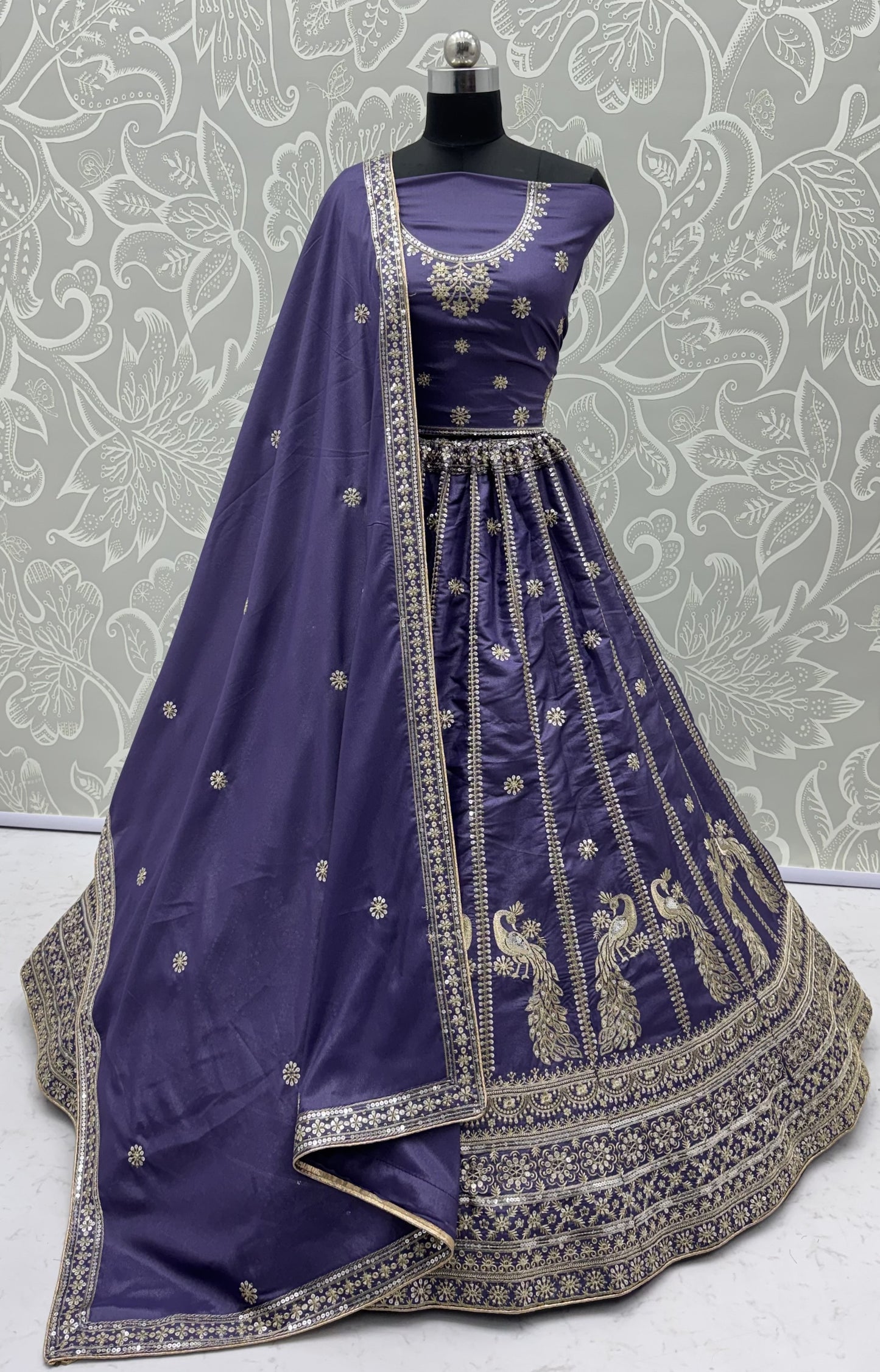 Royal Lavender Purple Peacock Embroidered Silk Lehenga Choli with Soft Net Dupatta