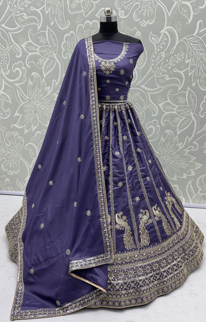 Royal Lavender Purple Peacock Embroidered Silk Lehenga Choli with Soft Net Dupatta