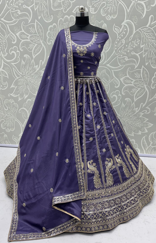 Royal Lavender Purple Peacock Embroidered Silk Lehenga Choli with Soft Net Dupatta