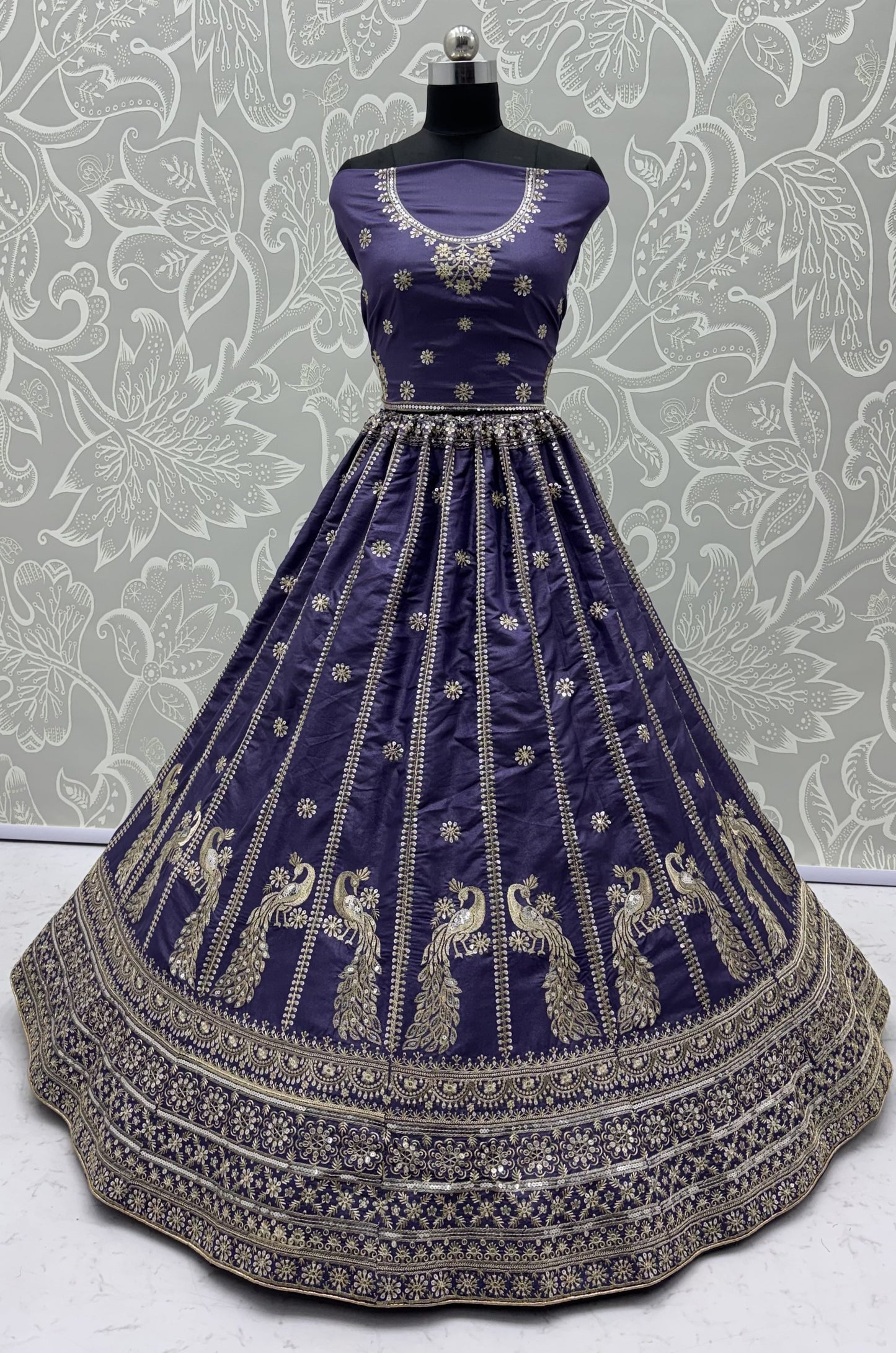 Royal Lavender Purple Peacock Embroidered Silk Lehenga Choli with Soft Net Dupatta