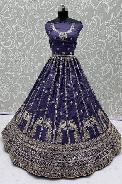 Royal Lavender Purple Peacock Embroidered Silk Lehenga Choli with Soft Net Dupatta