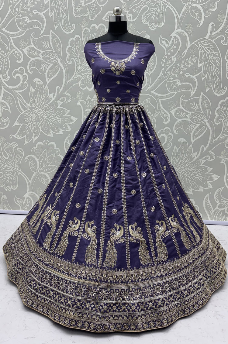 Royal Lavender Purple Peacock Embroidered Silk Lehenga Choli with Soft Net Dupatta