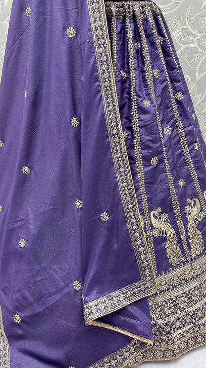Royal Lavender Purple Peacock Embroidered Silk Lehenga Choli with Soft Net Dupatta