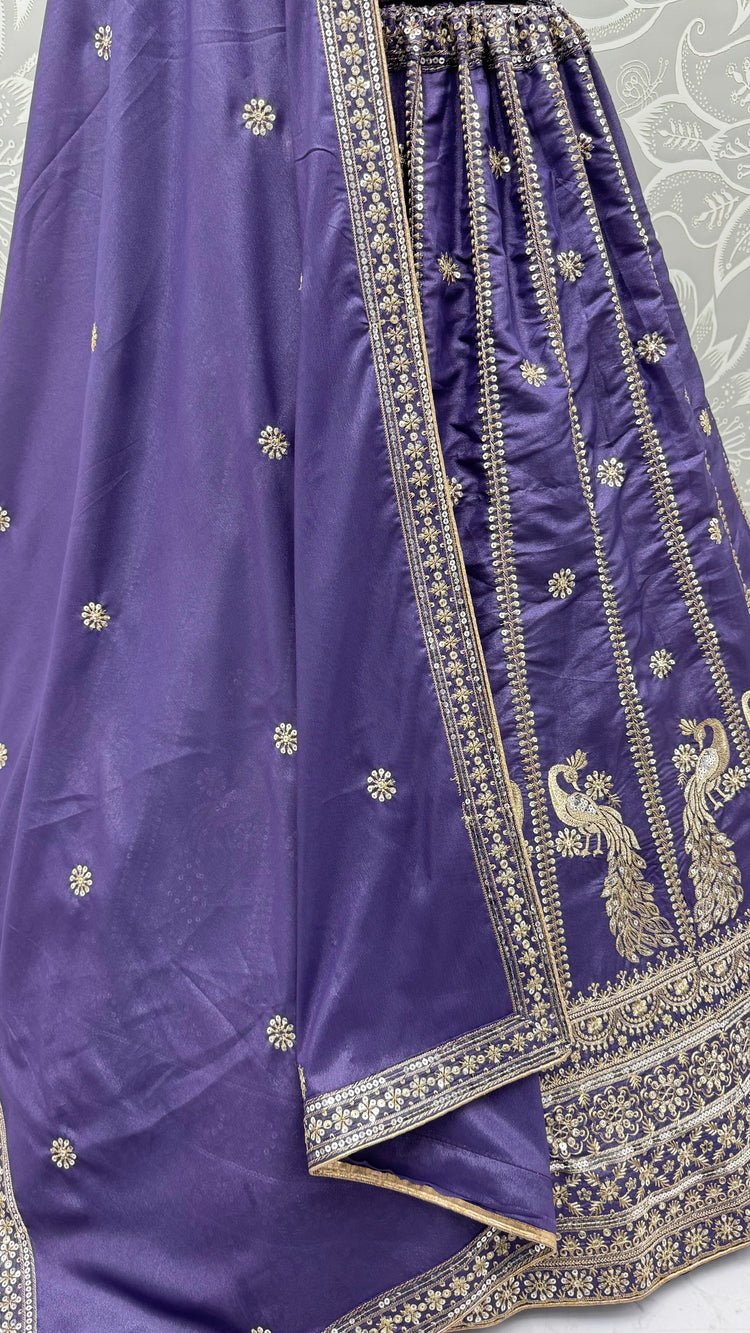 Royal Lavender Purple Peacock Embroidered Silk Lehenga Choli with Soft Net Dupatta