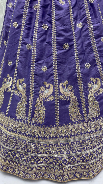 Royal Lavender Purple Peacock Embroidered Silk Lehenga Choli with Soft Net Dupatta