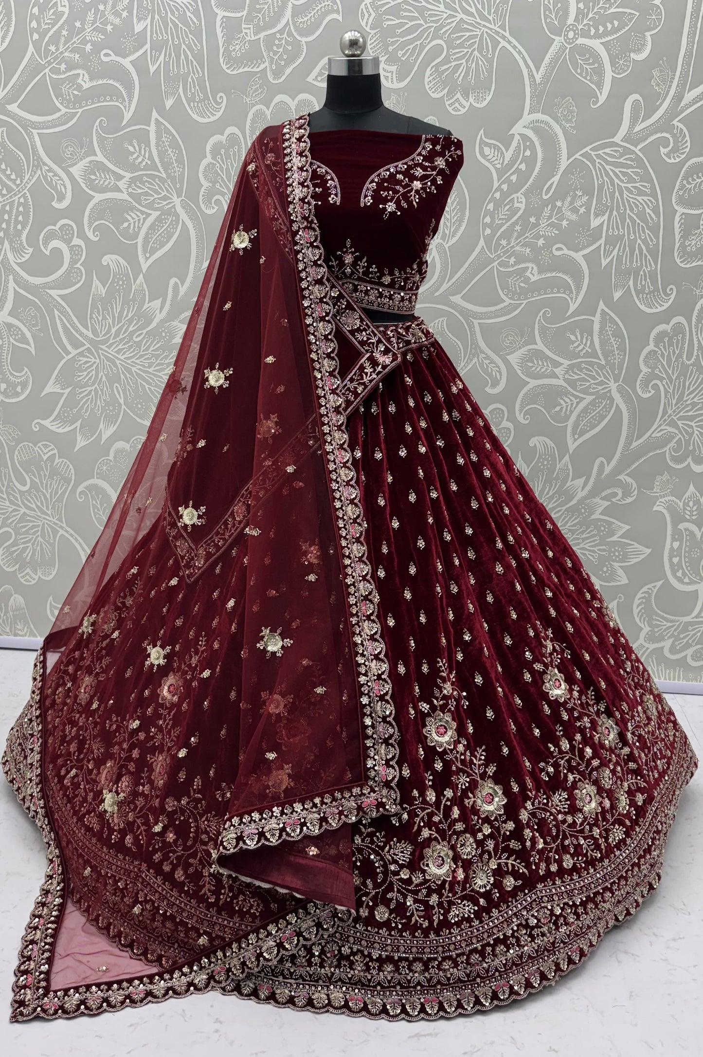 Maroon Velvet Designer Lehenga Choli with Double Dupatta & Zircon Work